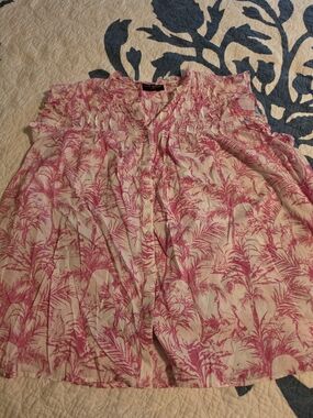 Pink And White Palm Print Button Front Blouse